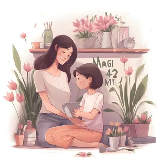 母亲妈妈和孩子相互依偎亲情手绘插画海报背景素材