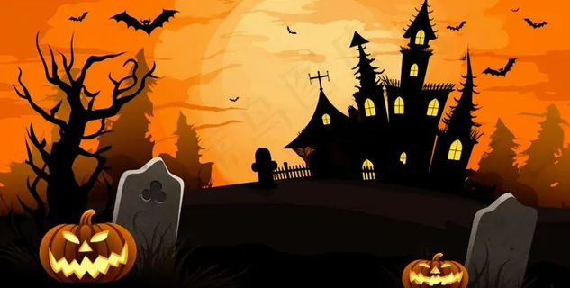 万圣节恐怖城堡坟墓橙色卡通插画背景