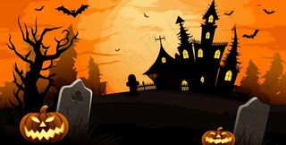 万圣节恐怖城堡坟墓橙色卡通插画背景