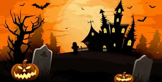 万圣节恐怖城堡坟墓橙色卡通插画背景