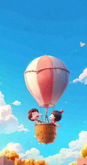 游玩旅行城市卡通热气球，欢乐儿童节