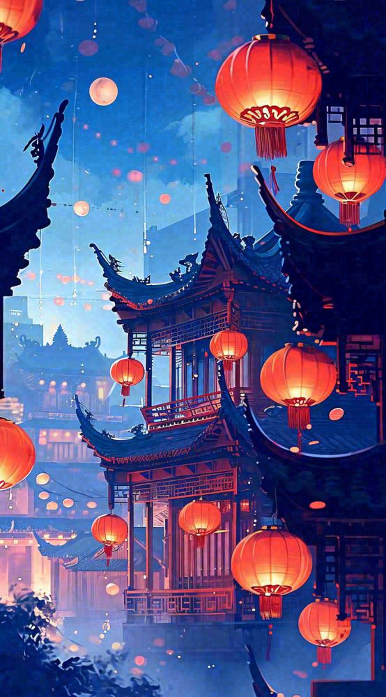 夜晚夜景月亮国风建筑灯笼星空浪漫，恐怖悬疑