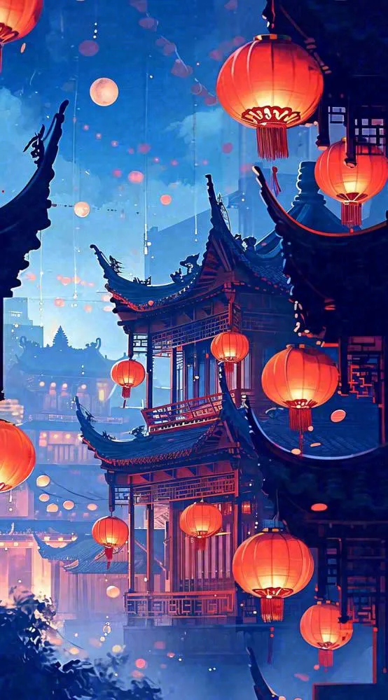夜晚夜景月亮国风建筑灯笼星空浪漫，恐怖悬疑(816x1472)
