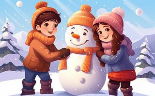 冬季下雪堆雪人孩子们儿童卡通插画背景