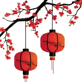 红灯笼挂梅花树梢插画免抠