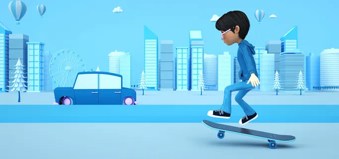 3d商务城市场景c4d卡通滑板人物