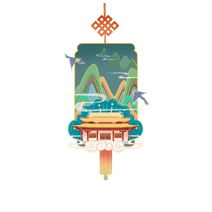 国风山古建筑国庆节元素