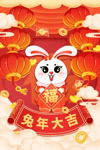 手绘卡通兔子新年喜庆海报
