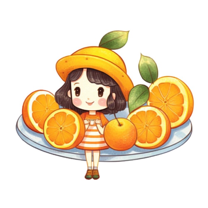 在橙子盘子里的女孩插画免抠(1024x1024)