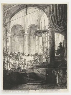 伦勃朗素描室内教堂装饰画