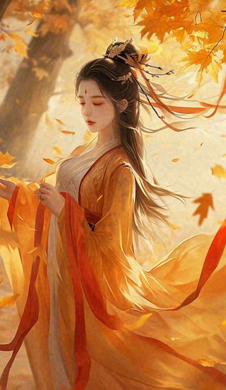 中国风秋天秋叶橙色古风美人手绘插画
