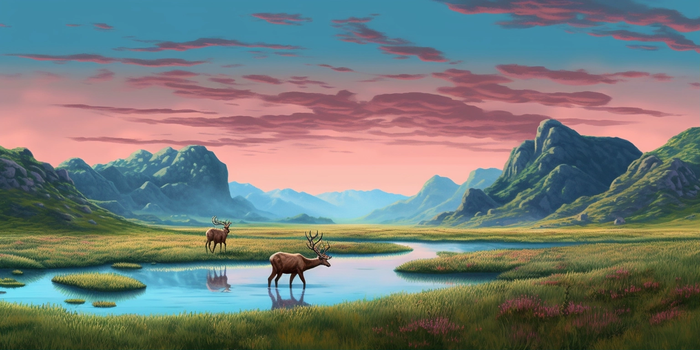麋鹿在群山附近的草上漫步插画背景(4608x2304)