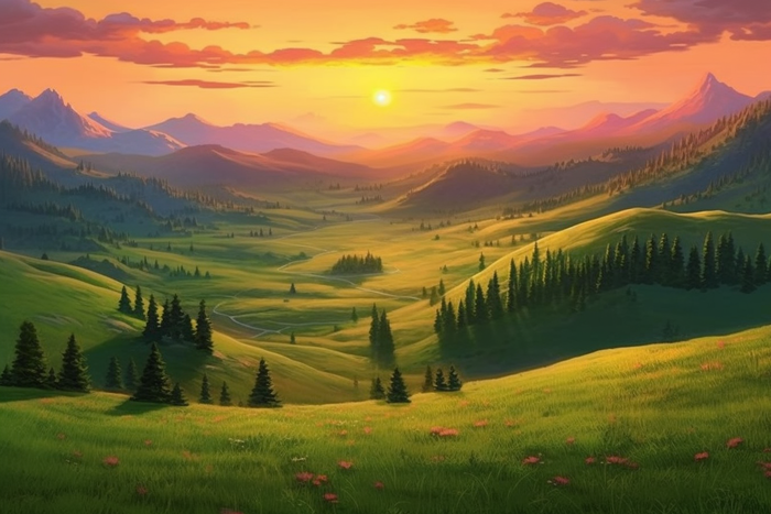 绿色田野在美丽的日落霞光下长出杂草在的阳光明媚的山景插画背景(4032x2688)