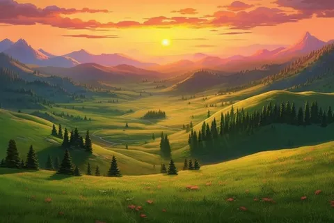 绿色田野在美丽的日落霞光下长出杂草在的阳光明媚的山景插画背景