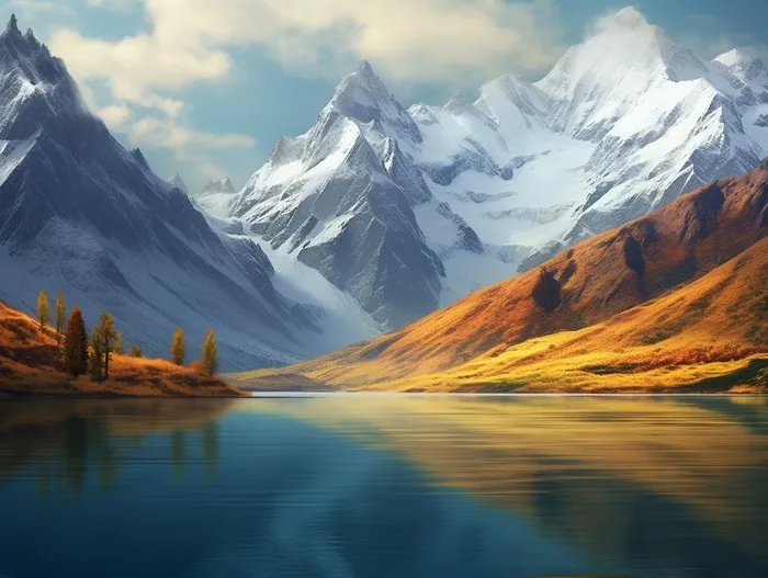 秋天雪山下的湖泊摄影图 
