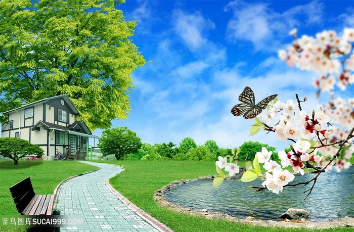 花卉湖畔美景韩式自然背景