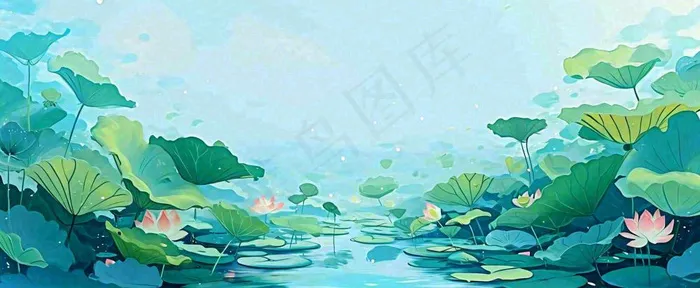 夏天池塘荷花池荷花荷叶河流插画手绘，夏至处暑小暑大暑(1712x704)