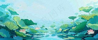 夏天池塘荷花池荷花荷叶河流插画手绘，夏至处暑小暑大暑