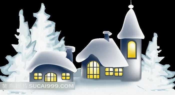 被雪覆盖的小房子和圣诞树拼贴分层素材