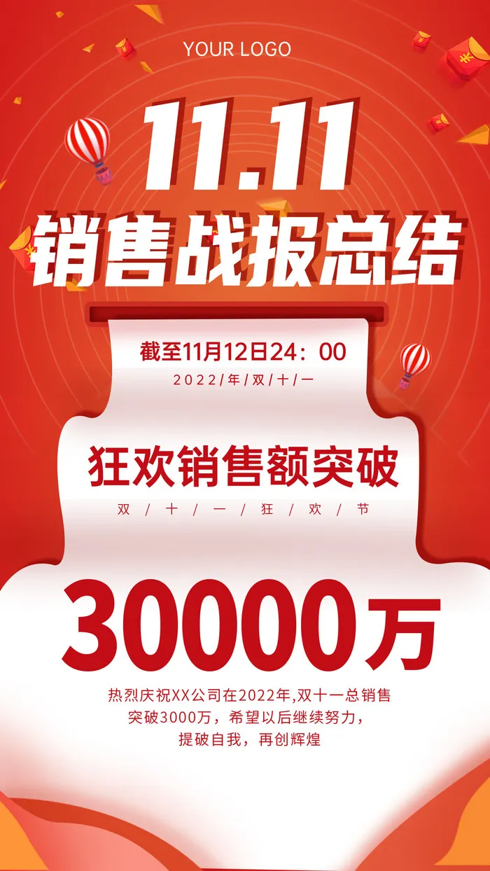 橙红色喜庆大气创意双十一战报宣传海报