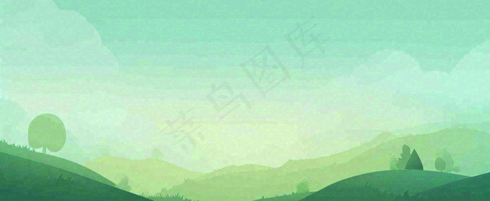 春天手绘绿色山坡春分，踏青，春游