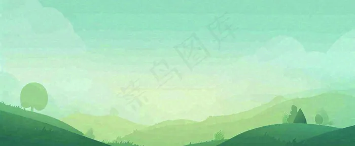 春天手绘绿色山坡春分，踏青，春游(1712x704)