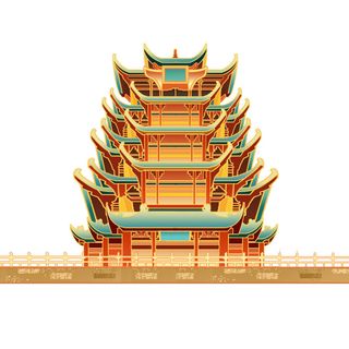 复古中国风国潮古建筑插画手绘高楼古塔PSD素材亭子png免抠图