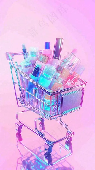 商品购物车电商美妆洗漱用品，彩色缤纷C4D