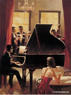 钢琴演奏人物油画装饰画