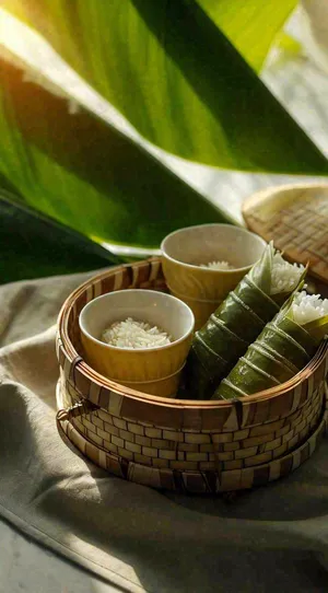 夏天端午阳光粽子粽叶竹篮米饭，芒种夏至