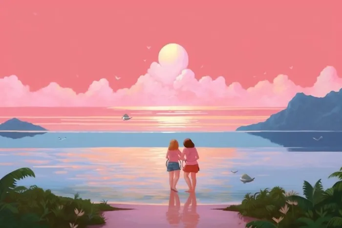 落日粉色自驾车旅行可爱插画背景(1344x896)