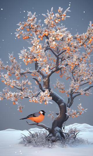 冬天站在果树枝上的小鸟雪景卡通插画