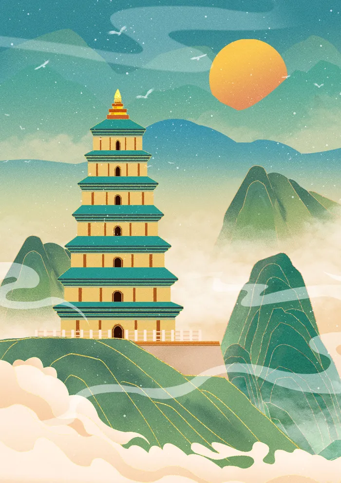 中国风国潮烫金仙鹤山水古建筑风景装饰插画背景PSD分层设计素材psd模版下载