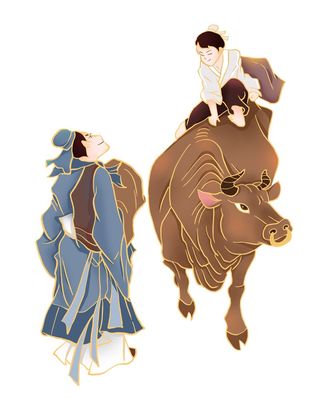 清明清明节卡通牧童与路人对话场景