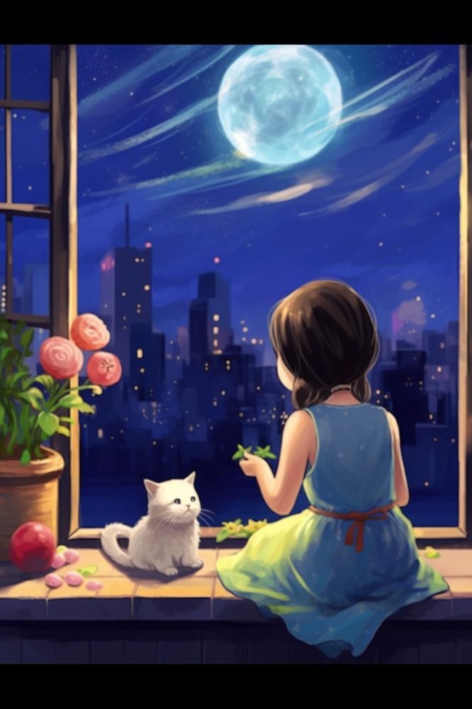 夜晚坐着窗边赏月的女孩猫插画背景