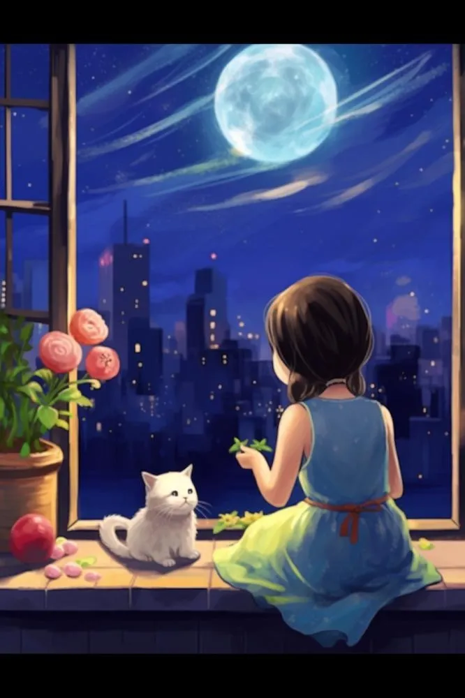 夜晚坐着窗边赏月的女孩猫插画背景(896x1344)