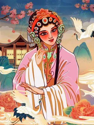 手绘中国风国潮京剧戏曲人物插画古风国粹花旦ai矢量ps设计素材图