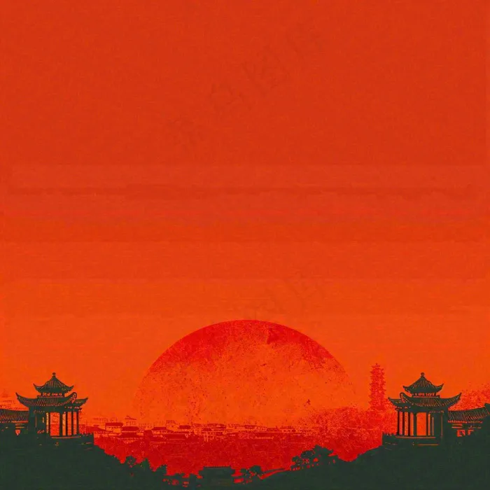 红色渐变国风建筑剪影，中国风简约(1024x1024)