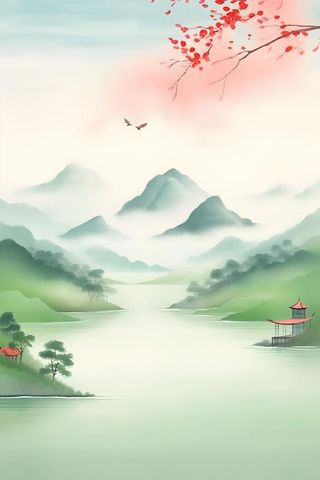 国风清新山河绿植背景