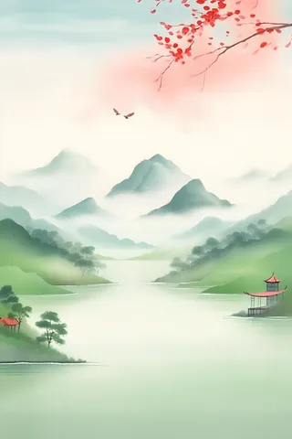 国风清新山河绿植背景