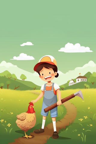 农庄小孩干农活母鸡工具卡通插画素材