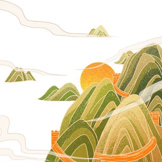 中国风国潮山水插画祥云中式手绘烫金线条元素png装饰背景PSD素材