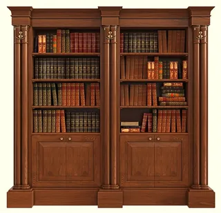 木质古典书架里码放整齐的书本