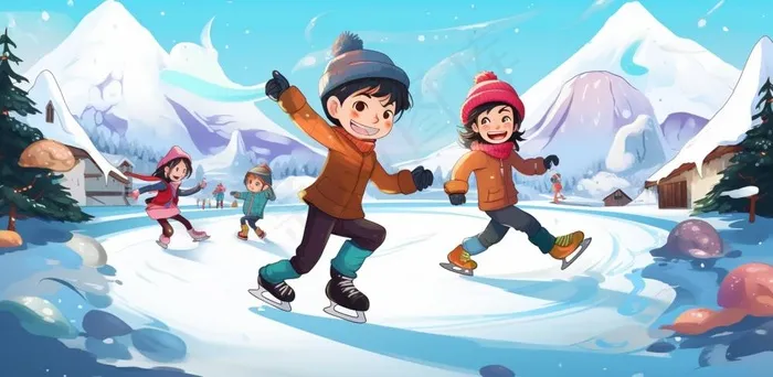 冬季在冰湖上滑冰的孩子儿童卡通插画背景(1568x768)