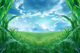 开阔的玉米田蓝天白云插画背景