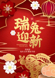 2023年端兔迎新红色海报 2023年端兔迎新红色海报