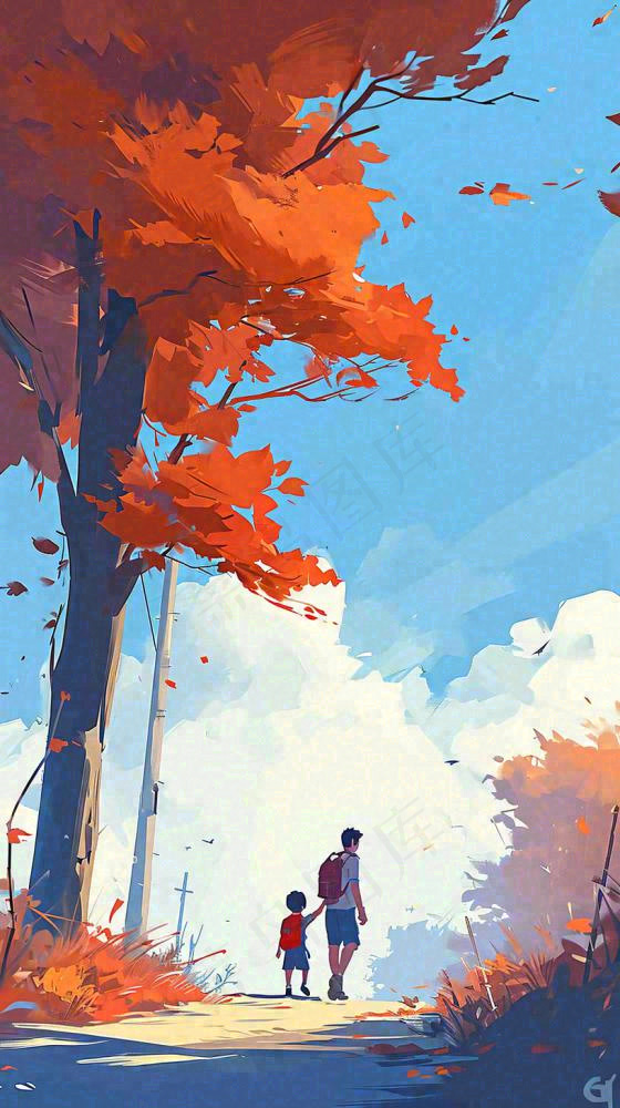 秋天红色秋叶树落叶温馨自然风景，立秋手绘插画(816x1456)