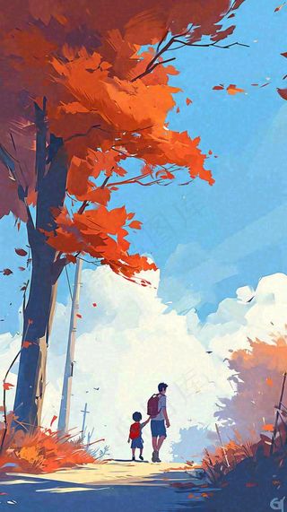 秋天红色秋叶树落叶温馨自然风景，立秋手绘插画