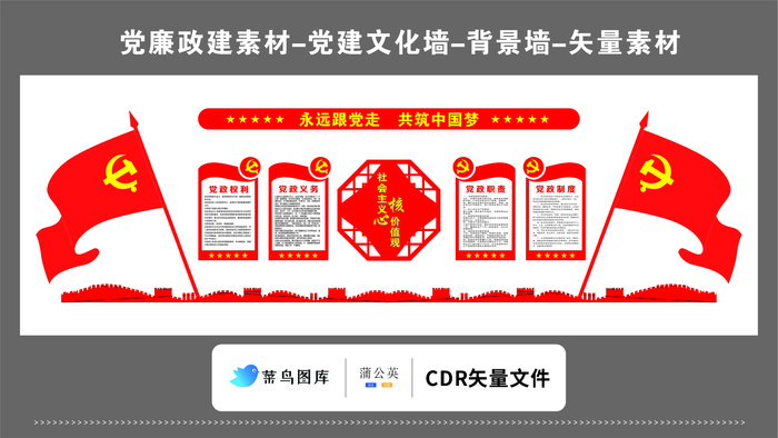 党建文化墙党建素材CDR预览图红色背景永远跟党走共筑中国梦核心价值观