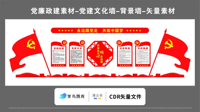 党建文化墙党建素材CDR预览图红色背景永远跟党走共筑中国梦核心价值观cdr矢量模版下载